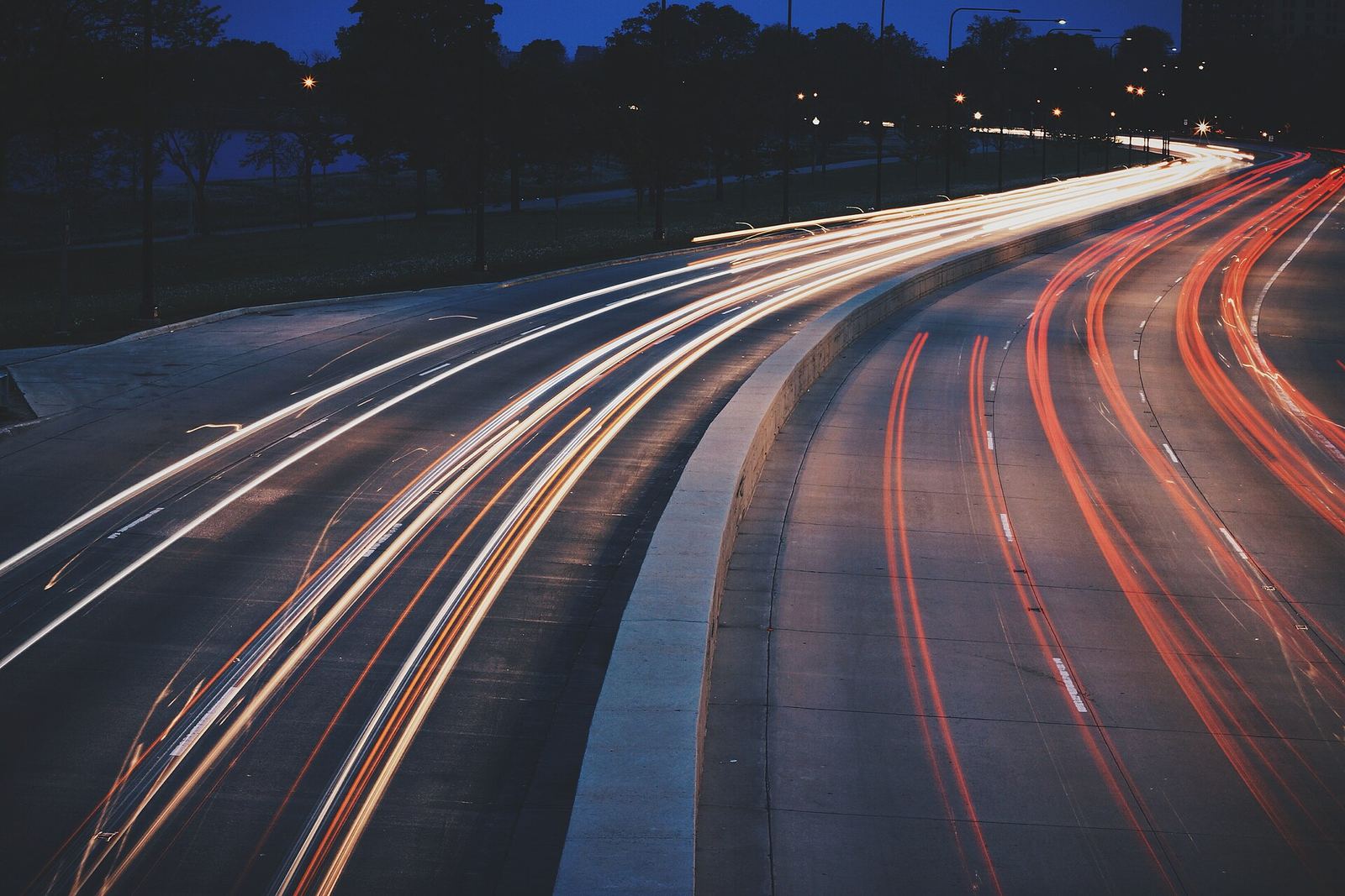 Long-exposure light trails of night traffic